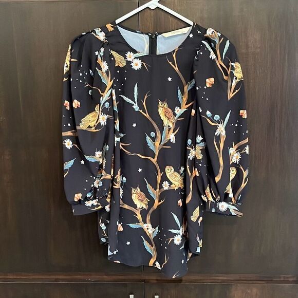 Zapelle Puff Sleeve Owl Print Crepe Blouse Medium - Picture 2 of 5